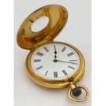 18K gold Swiss half hunter fob watch, white enamel Roman dial, case 36mm, gold cuvee and bow,