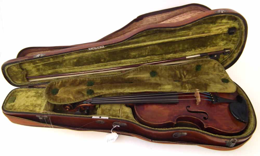 School of Albany Violin, with one piece figured back, red / brown varnish, together with a bow and a - Image 24 of 25