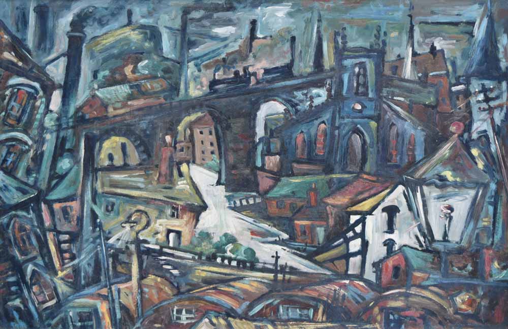 Northern School, 20th century, Townscape with viaduct, unsigned, oil on board, 60 x 90.5cm.; 23.75 x