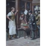 John Seerey Lester (1946-), Figures outside a grocer's shop, signed and dated '77, pastel, 30.5 x