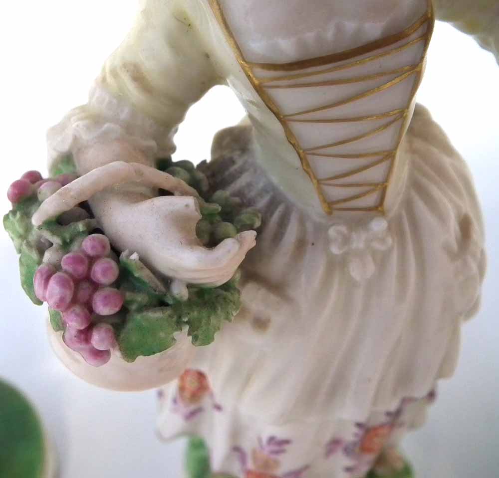 Three Derby figures of girls circa 1800 two modelled with baskets of fruit and flora, one modelled - Image 7 of 10