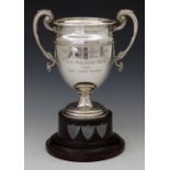 Two-handled silver trophy cup, Birmingham 1927, engraved with the competition, height 22cm, 17oz