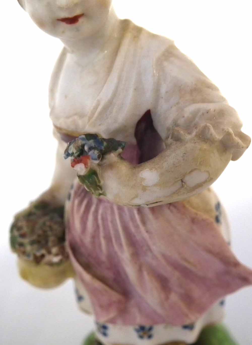 Three Derby figures of girls circa 1800 two modelled with baskets of fruit and flora, one modelled - Image 5 of 10