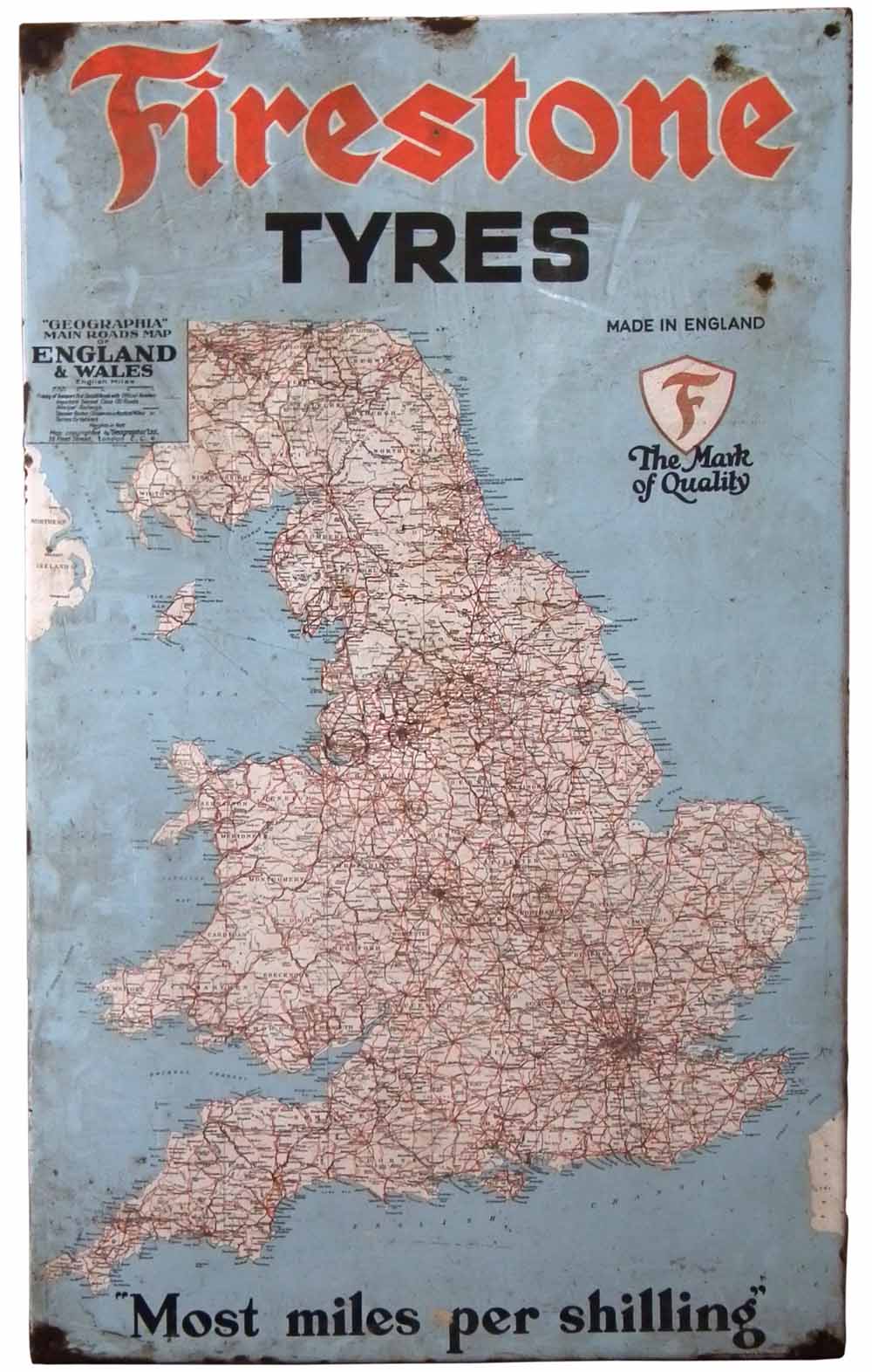 Firestone tyres map of England enamel sign 72cm x 122cm Condition report: Several areas of corrosion