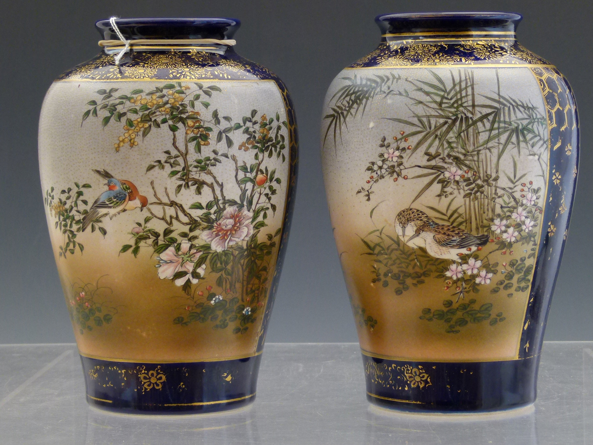 Pair of Japanese Satsuma vases of blue ground painted with panels of birds amongst blossom, - Image 2 of 9
