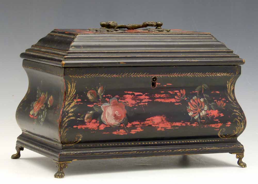 George III lacquered wood teacaddy of black ground painted with flowers, red lacquered interior