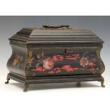 George III lacquered wood teacaddy of black ground painted with flowers, red lacquered interior