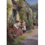 H.E. Norman, 19th century, Figures outside a cottage, signed, oil on canvas, 90 x 59.5cm.; 35.5 x