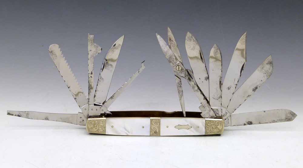 Stan Shaw exhibition pocket knife with mother-of-pearl grips,signed SS-80, fitted with eleven Wm