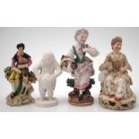 Four Derby figures 1800 - 1850 to include a gentleman playing pipes, a bisque figure, and two models