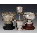 Two silver trophy rose bowls, one engraved on a tablet, the other on the body, diameter 16cm; a