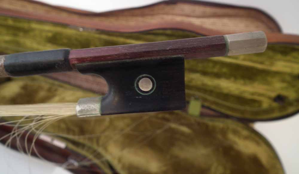 School of Albany Violin, with one piece figured back, red / brown varnish, together with a bow and a - Image 18 of 25