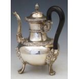 French 800 silver coffee pot, late 19th century, the compressed globular body with an embossed