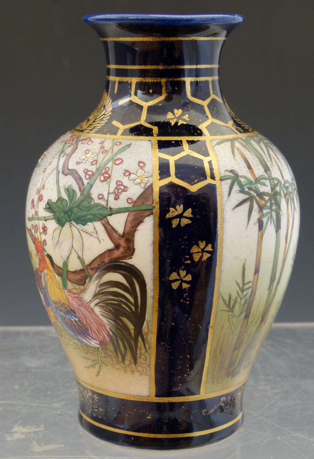 Small Japanese Satsuma vase painted with panels of a cockerel and other birds, remains of seal mark, - Image 4 of 10