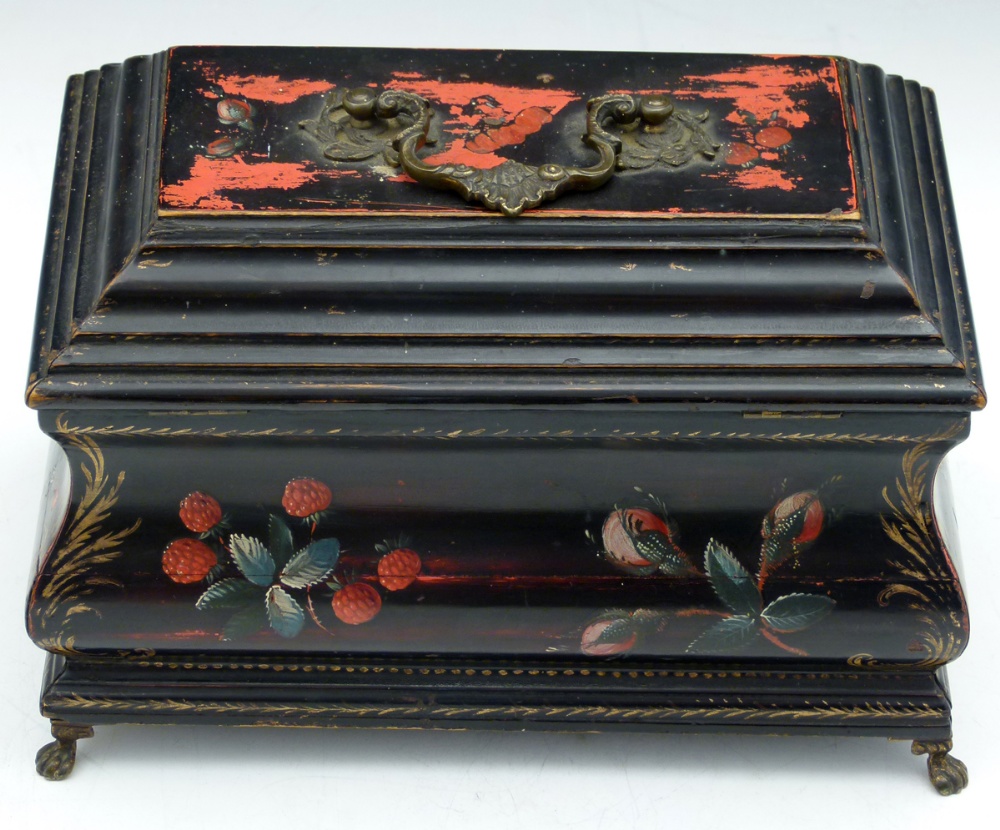 George III lacquered wood teacaddy of black ground painted with flowers, red lacquered interior - Image 3 of 4