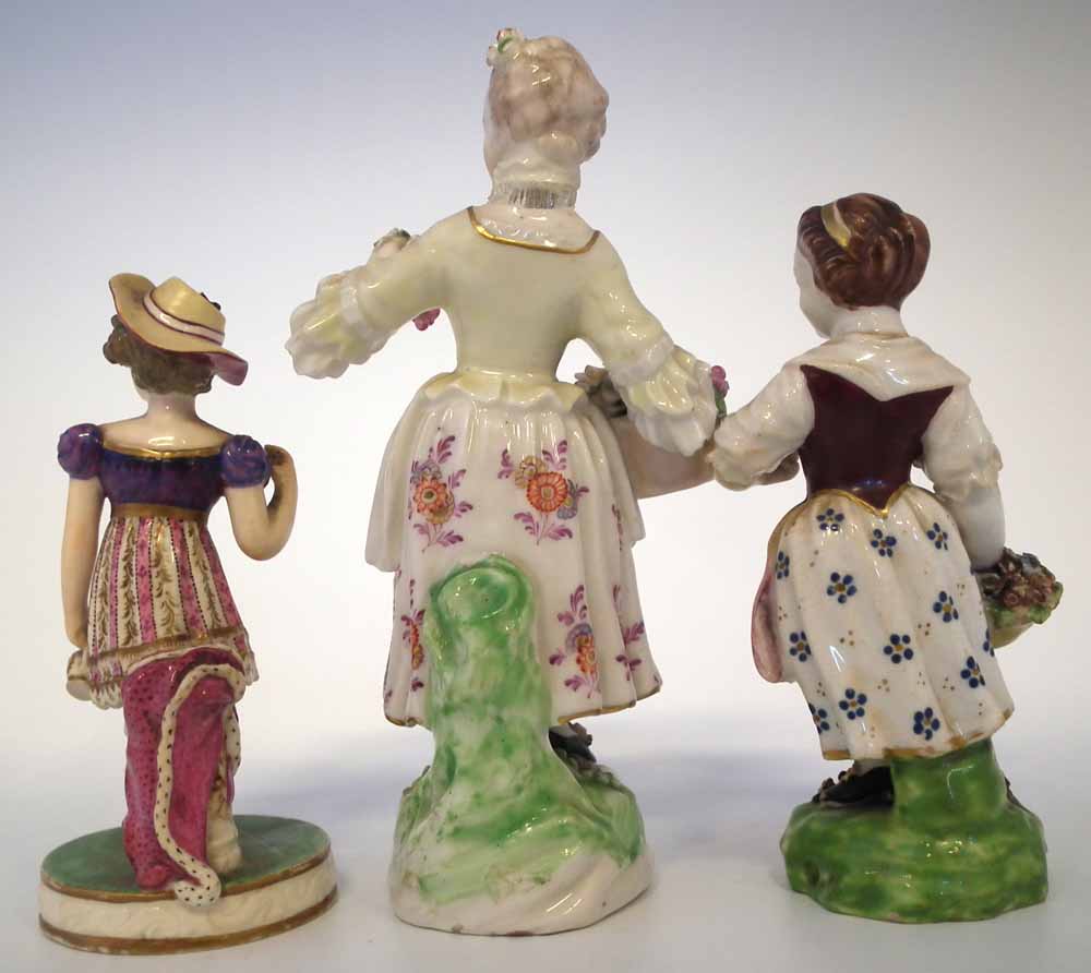 Three Derby figures of girls circa 1800 two modelled with baskets of fruit and flora, one modelled - Image 3 of 10