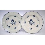 Two Worcester plates circa 1775 printed with Gillyflower pattern in underglaze blue, one has a