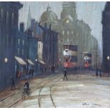 Arthur Delaney (1927-1987), Manchester street scene with figures and trams, signed, oil on board, 28