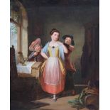 R.F., 19th century, Figures in an interior, initialled, oil on canvas, 51 x 39cm.; 20.25 x 15.5in.