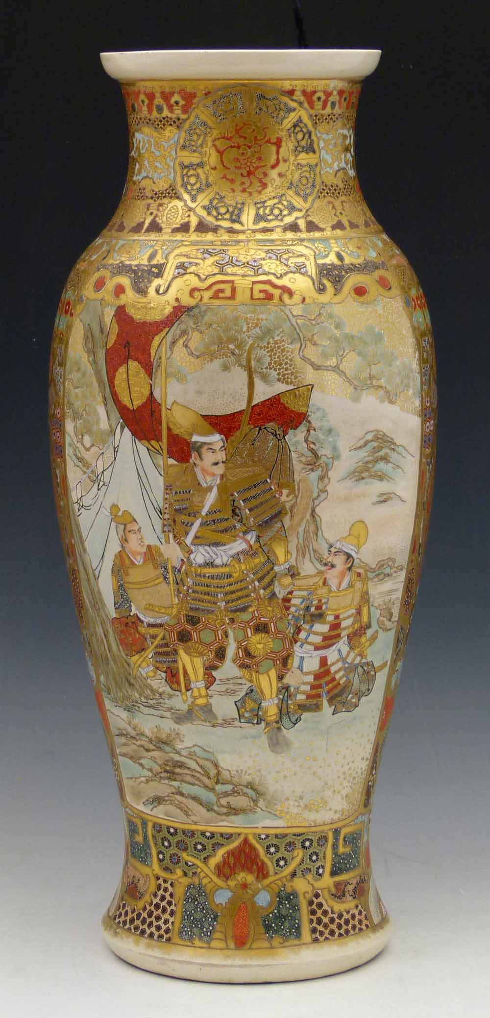 Japanese Satsuma tall vase, decorated in enamels and gilt with warriors and courtly figures,