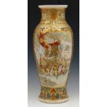 Japanese Satsuma tall vase, decorated in enamels and gilt with warriors and courtly figures,