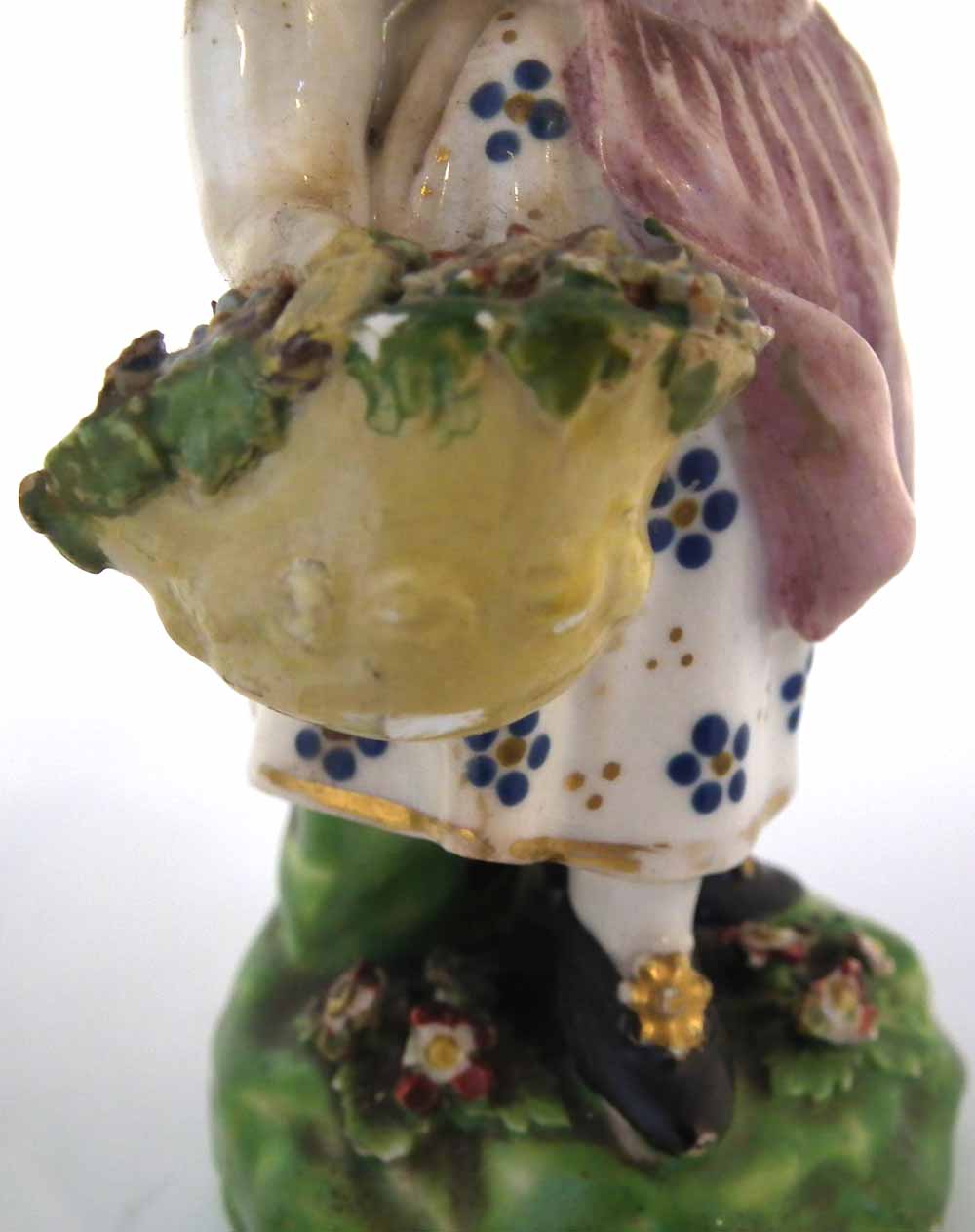 Three Derby figures of girls circa 1800 two modelled with baskets of fruit and flora, one modelled - Image 6 of 10