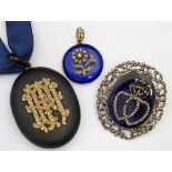 Victorian black onyx mourning locket dressed with a seed pearl monogramme, length excluding