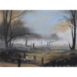 Brian Shields (Braaq) (1951-1997), Park scene with figures and viaduct, signed, pastel, 20 x