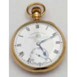 9ct gold cased open faced pocket watch, Chester 1926, white enamel dial named Thos Russell