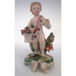 Bow figure of a Cherub circa 1760 modelled with a basket of flora standing on scrolled base,