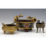 Chinese gilt bronze and cloisonne censer applied with two modelled dragons and decorated with a band