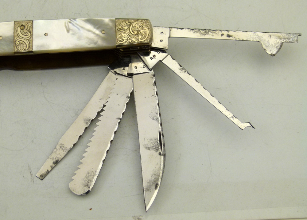 Stan Shaw exhibition pocket knife with mother-of-pearl grips,signed SS-80, fitted with eleven Wm - Image 10 of 18