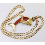 Italian 750 dolphin pendant inset with red panels and 24 small diamonds, length 6cm, on a 375 flat