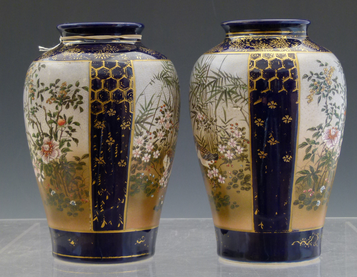 Pair of Japanese Satsuma vases of blue ground painted with panels of birds amongst blossom, - Image 3 of 9
