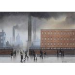 Brian Shields (Braaq) (1951-1997), Industrial scene with figures, signed, pastel, 19.5 x 30cm.; 7.75