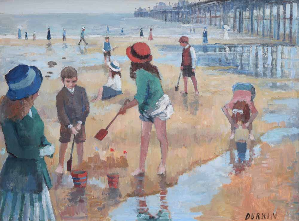 Tom Durkin (1928-1990), Beach scene with figures, signed, oil on board, 39.5 x 49.5cm.; 15.5 x 19.