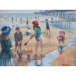 Tom Durkin (1928-1990), Beach scene with figures, signed, oil on board, 39.5 x 49.5cm.; 15.5 x 19.