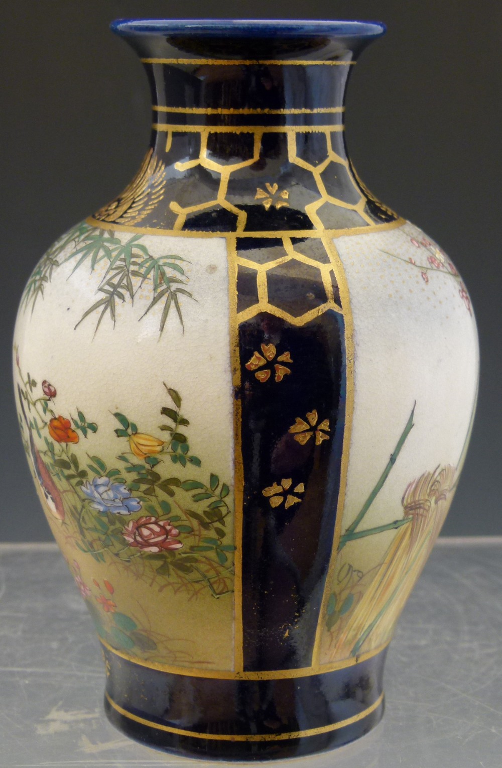 Small Japanese Satsuma vase painted with panels of a cockerel and other birds, remains of seal mark, - Image 6 of 10