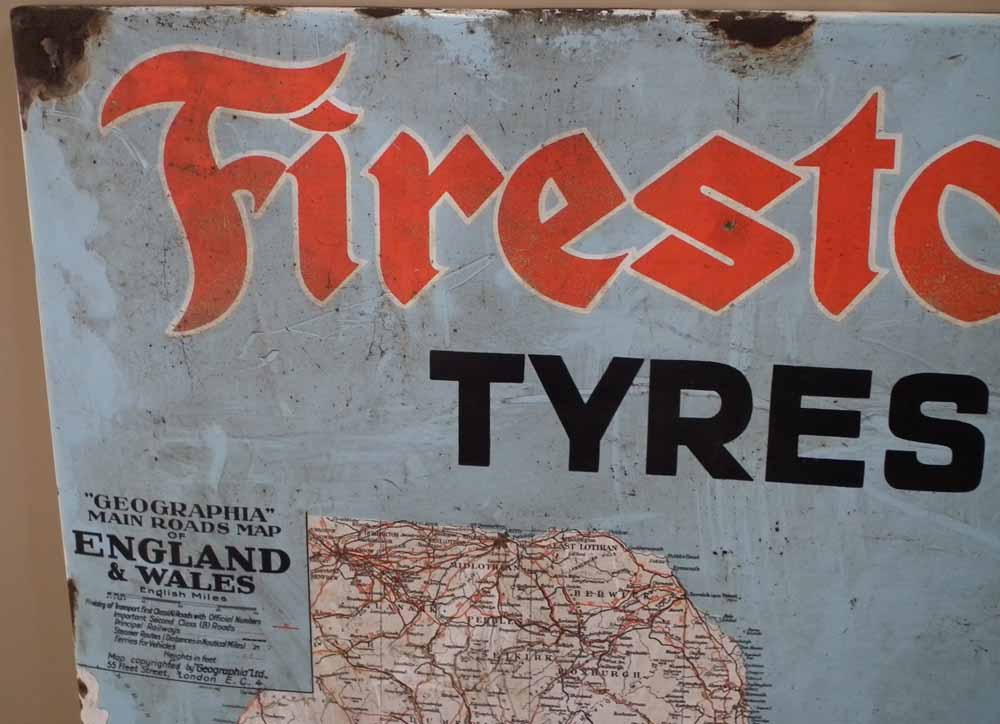 Firestone tyres map of England enamel sign 72cm x 122cm Condition report: Several areas of corrosion - Image 2 of 9