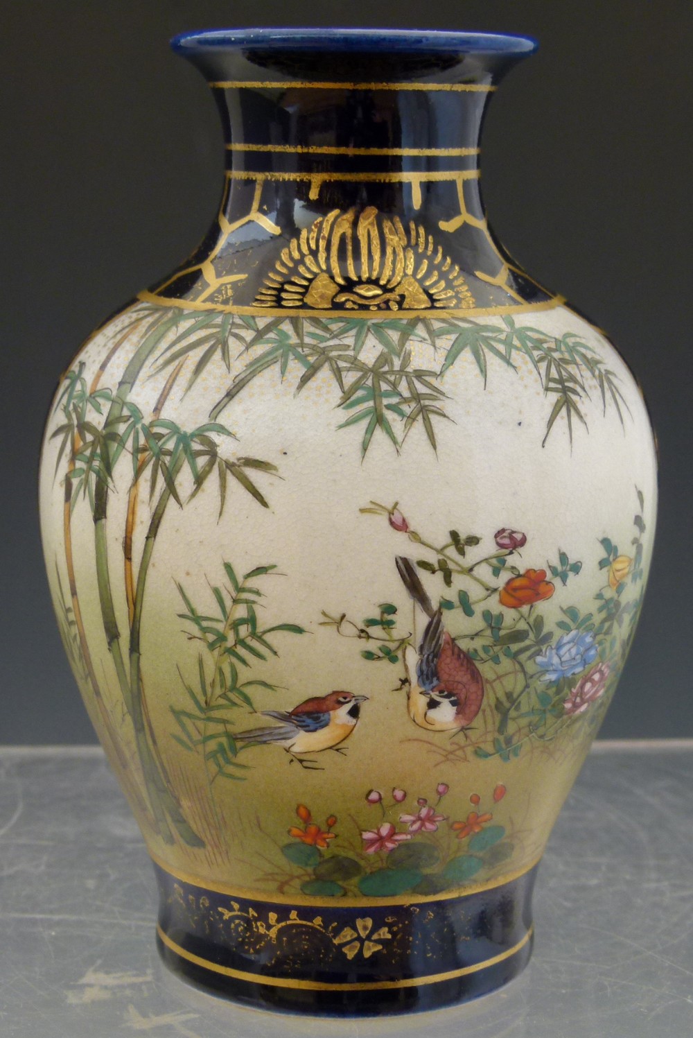 Small Japanese Satsuma vase painted with panels of a cockerel and other birds, remains of seal mark, - Image 2 of 10