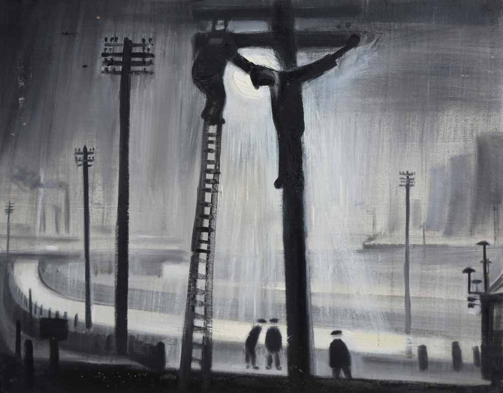 Theodore Major (1908-1999), "Crucifixion, Wigan", oil on board, unframed, 63.5 x 76cm.; 25 x 30in. *