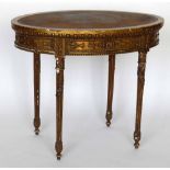 Gilt gesso neo classical style oval centre table, the inset leather top over a short apron drawers