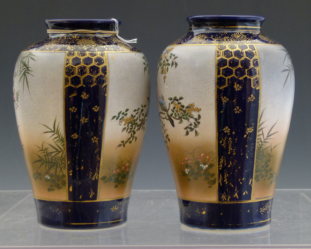 Pair of Japanese Satsuma vases of blue ground painted with panels of birds amongst blossom, - Image 5 of 9