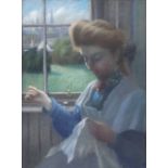 English School, 19th/20th century, Seated female sewing, indistinctly signed, pastel, 60.5 x