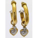 Unmarked gold hoop earrings with pendent heart shaped diamond clusters, 149g gross.