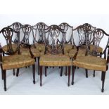 Set of ten Hepplewhite style mahogany dining chairs, early 20th century, including two carvers,