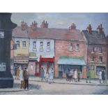 Joy Altaras, 20th century, Manchester street scene, signed and dated '82, oil on board, 28.5 x