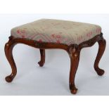 Victorian walnut stool, the upholstered square seat on French cabriole legs, width 59cm.