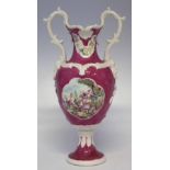 Chelsea rococo vase circa 1760 painted with figures within landscapes on a pink ground, 32cm high