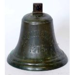 Cast brass ship's bell S.S. Athenian 1875, with iron clapper, diameter 34cm.